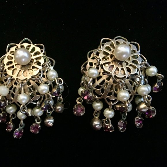 Earrings Vintage Chandelier Gold Pearls Purple Rhi - Picture 4 of 10